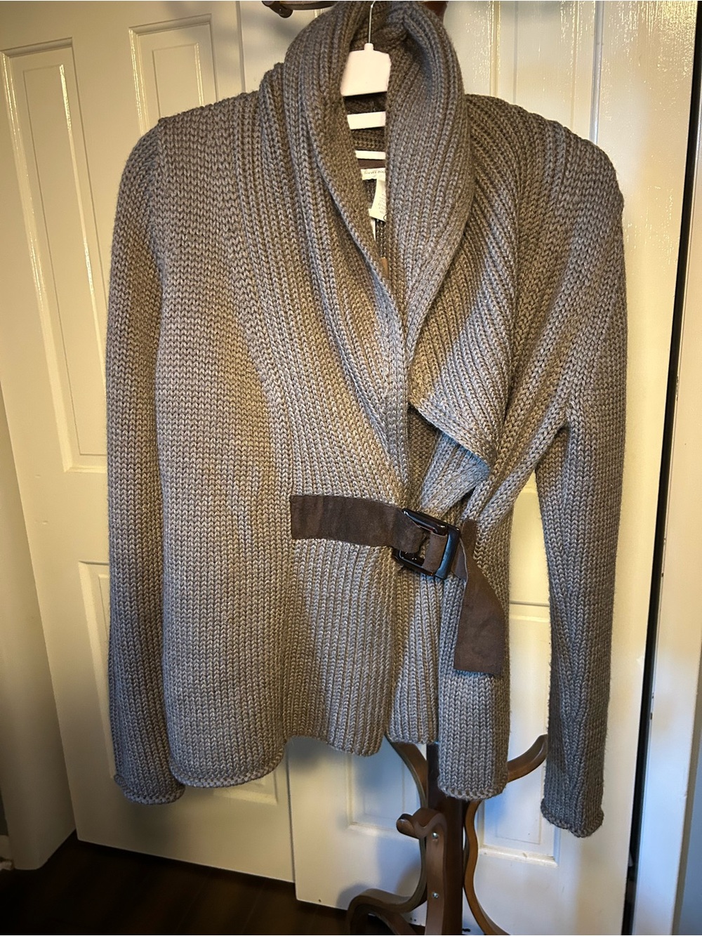 Soft Surroundings Gray Shawl-Collar Belted Cardigan